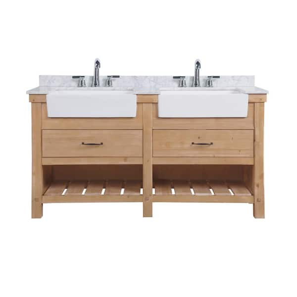 Ari Kitchen And Bath Marina 60 In Double Bath Vanity In Driftwood With Marble Vanity Top In Carrara White With White Farmhouse Basins Akb Marina 60dw The Home Depot