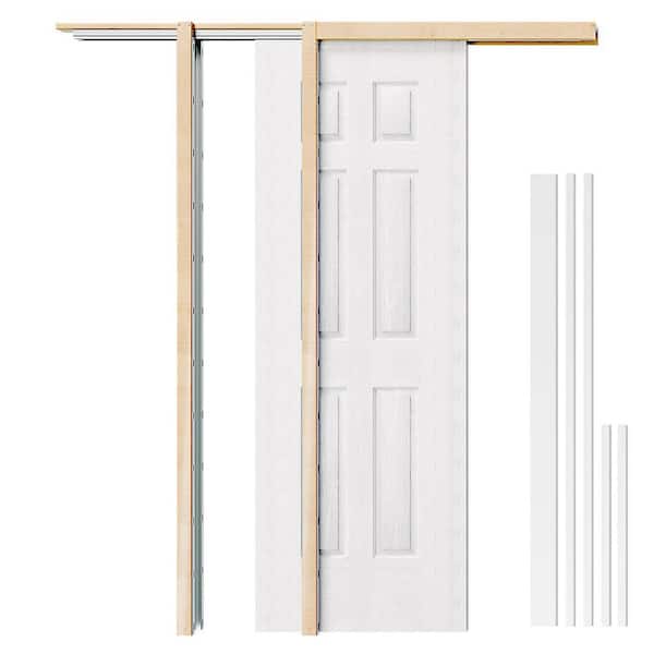 30 in. x 80 in. 6 Panel Primed Hollow Core MDF Wood Pocket Door Slab with Door Frame and Jamb, Non-Drilled Pantry Door
