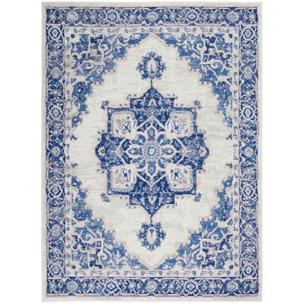 Whimsicle Ivory Blue 6 ft. x 9 ft. Center Medallion Traditional Area Rug