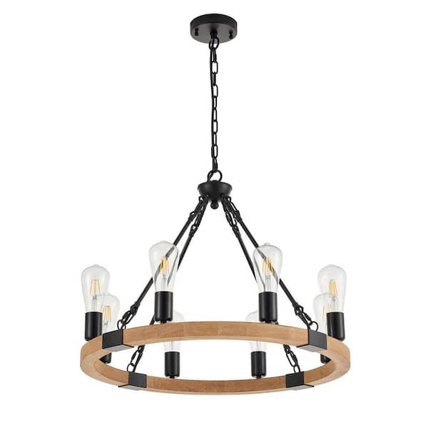 Farmhouse 8 Lights Wood Wagon Wheel Chandelier, Round Wood Chandeliers For Entryway Foyer, Bulbs Not Included