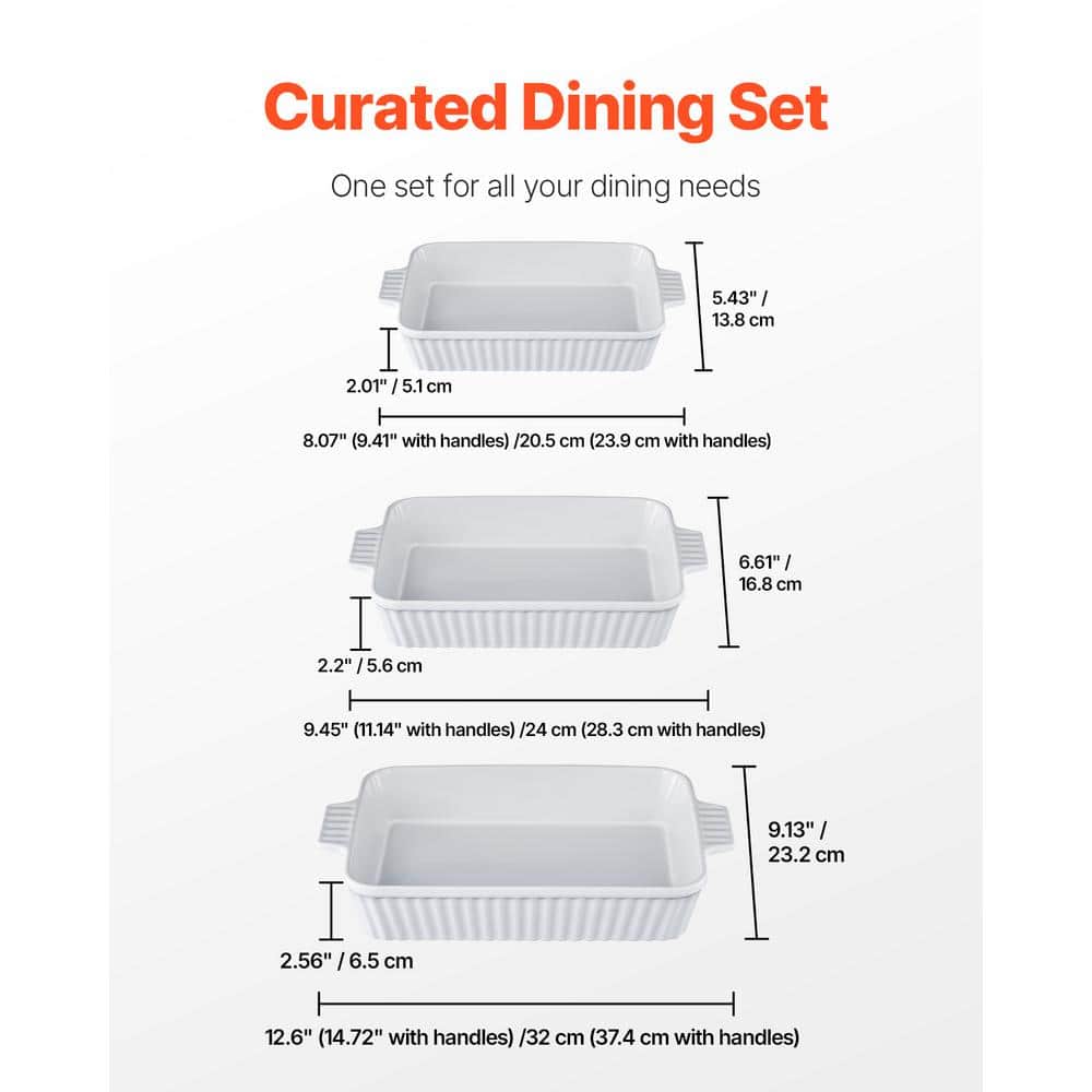 White Ceramic Non-Stick Rectangular Baking Dish Set with Handles