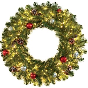 30 in. Pre-Lit Artificial Christmas Wreath with Ornaments and Pine Cones