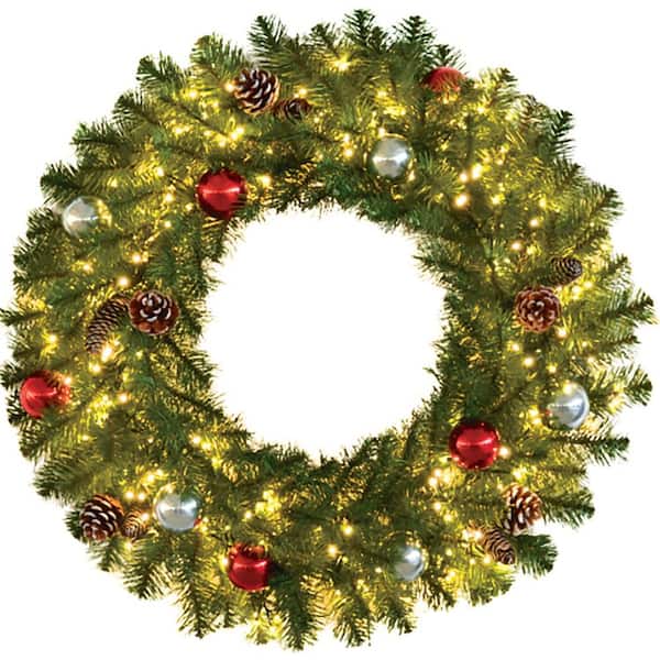 Fraser Hill Farm 30 in. Pre-Lit Artificial Christmas Wreath with Ornaments and Pine Cones