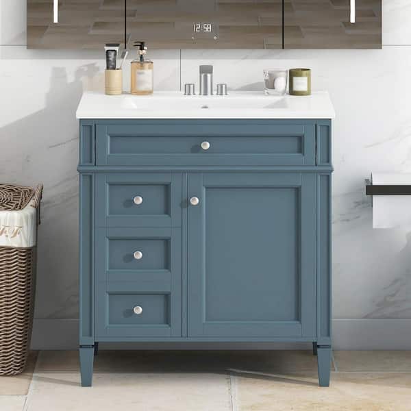 30 in. W Single Sink Bath Vanity in Blue with White Ceramic Top, Storage Cabinet with 2 Drawers and a Tip-Out Drawer