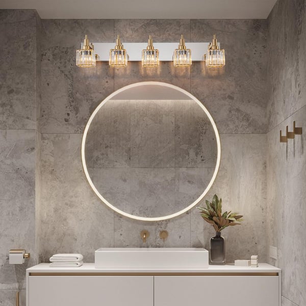 Orillia 35.4 in. 5-Light Modern Gold and Chrome Bathroom Vanity Light with Crystal Shades