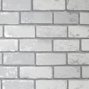 Metallic Brick White/Silver Peel and Stick Non-Woven Wallpaper
