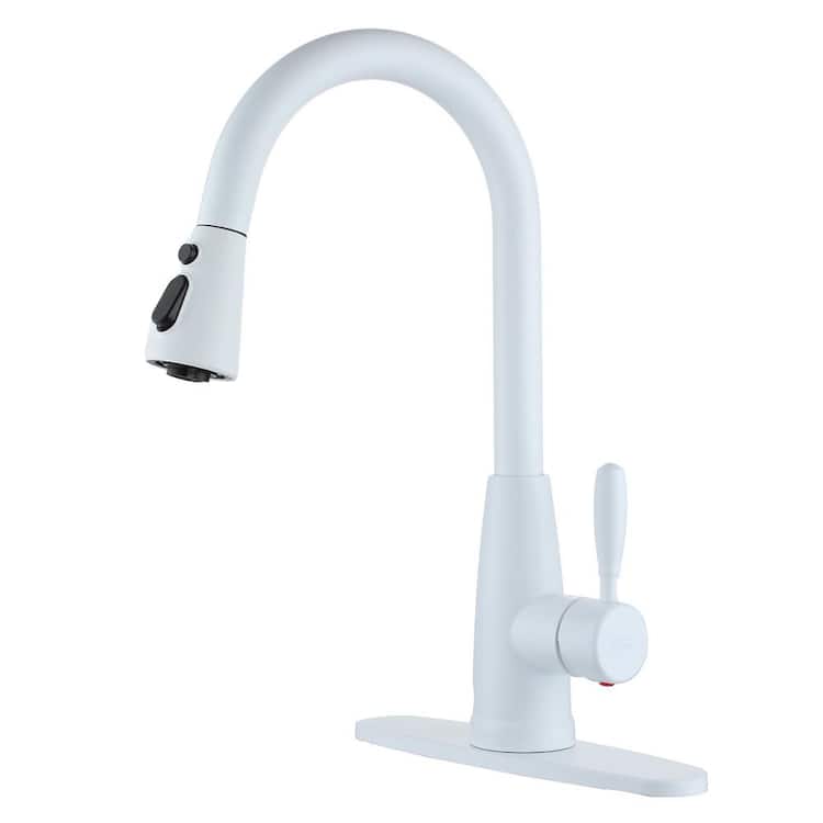 Boyel Living 3-Spray Patterns Single Handle Pull Down Sprayer Kitchen Faucet with Deckplate and Water Supply Hoses in Matte White