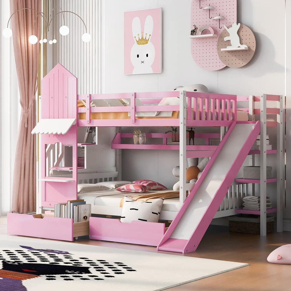 Harper & Bright Designs Pink Full over Full Castle Style Wood Bunk Bed ...