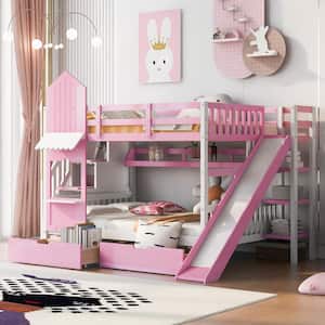 Pink Full over Full Castle Style Wood Bunk Bed with Storage Staircases, 2 Drawers, Shelves, and Slide