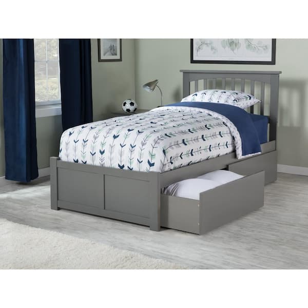 AFI Mission Grey Twin XL Solid Wood Storage Platform Bed with Flat Panel Foot Board and 2 Bed Drawers