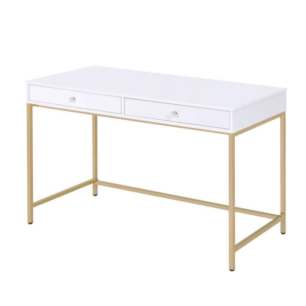 White High Gloss Rectangular Writing Desk with Gold Metal Base and 2 Drawers