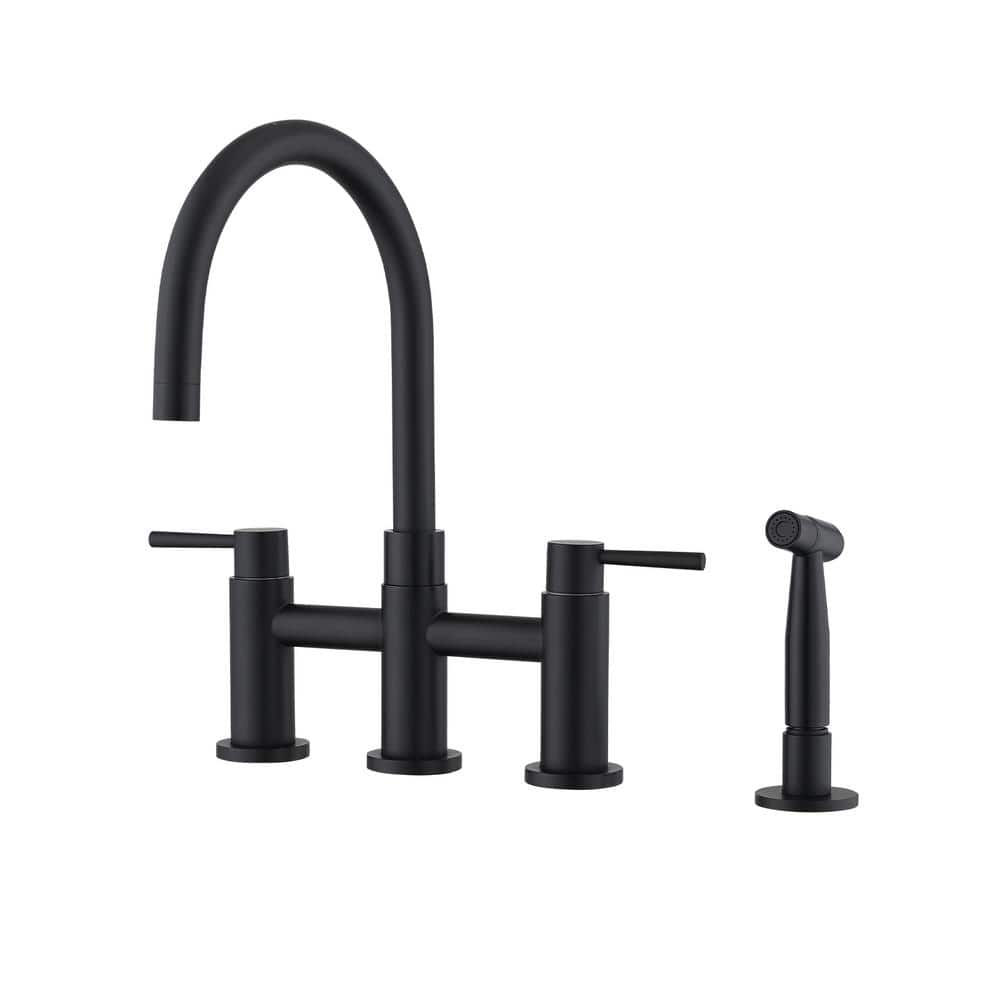 CASAINC Double Handle Bridge Kitchen Faucet with Side Sprayer in Matte Black