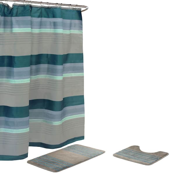 Bath Fusion Regent Stripe 30 in. L x 18 in. W 15-Piece Bath Rug and Shower Curtain Set in Blue and Grey