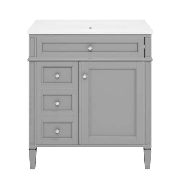 Ziyudura 30 in, Single Sink Freestanding Gray Bath Vanity with White Ceramic Top, Adjustable Shelf Tip-out Drawer 2 Drawers