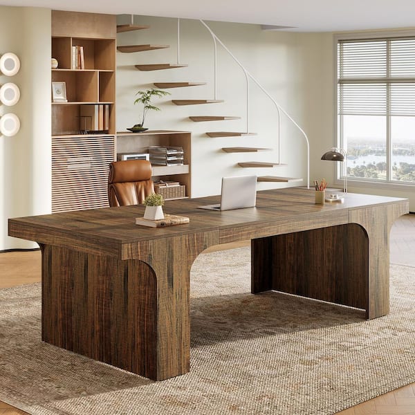 Moronia 71 in. Rustic Brown Wood Executive Office Desk, Rectangular Computer Desk with Arched Design for Home Office