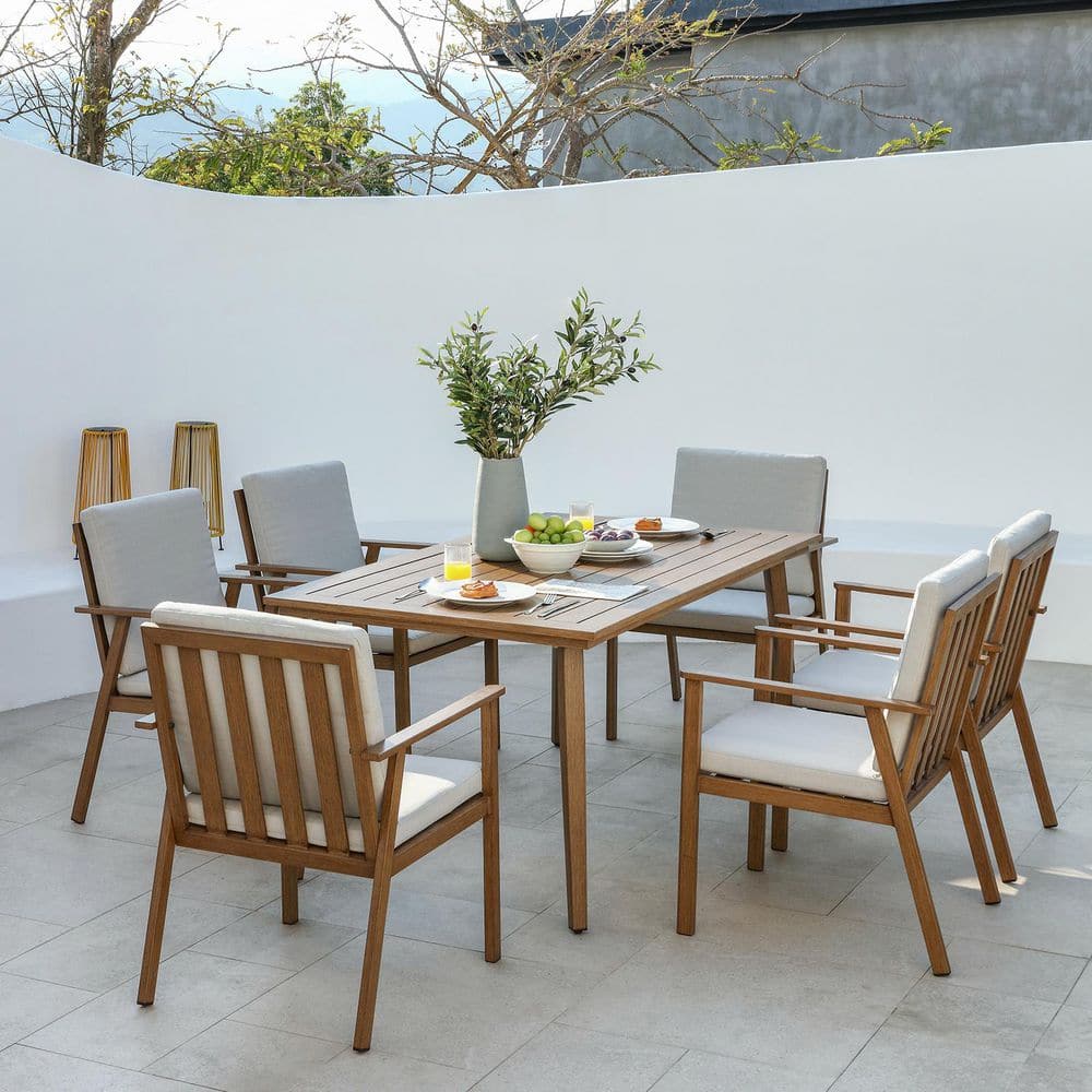 Alulux Wood-Like 7-Piece Aluminum Outdoor Dining Set with Large Table and White Cushions price history on PriceWatchPro