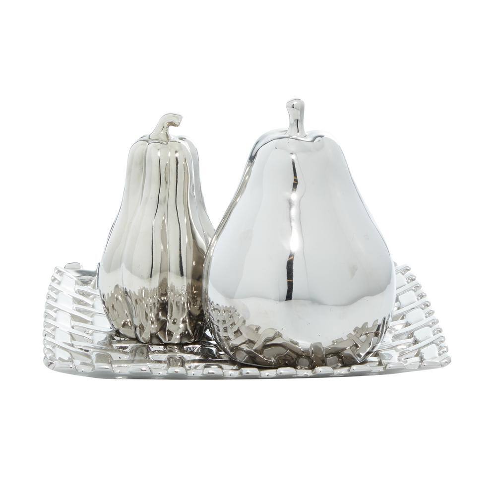 Silver Ceramic Fall Fruit Sculpture Set with Decorative Grid Plate
