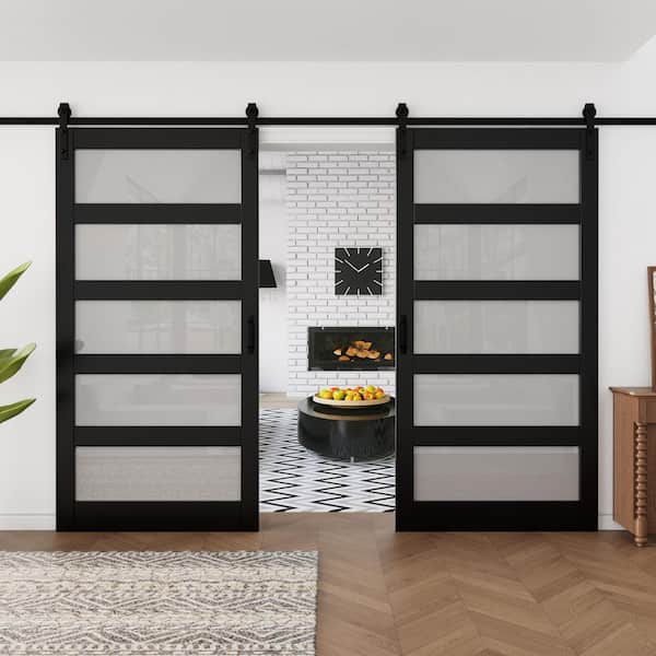 84 in. x 84 in. Waterproof 5-Lite Tempered Frosted Glass Black Finished MDF Sliding Barn Door with Hardware Kit