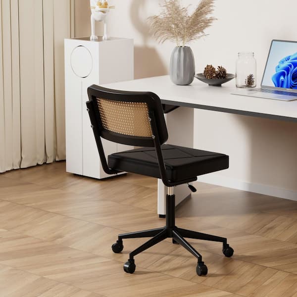 VECELO Armless Swivel Office Chair with Rattan Back and PU Seat
