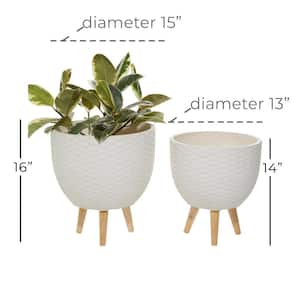16 in., and 14 in. Medium White Ceramic Indoor Outdoor Planter with Wood Legs (2- Pack)