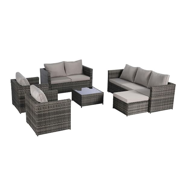 Unbranded 6-Pieces Wicker Outdoor Sectional Set, All Weather Conversation Set with Light Gray Cushions for Garden Backyard