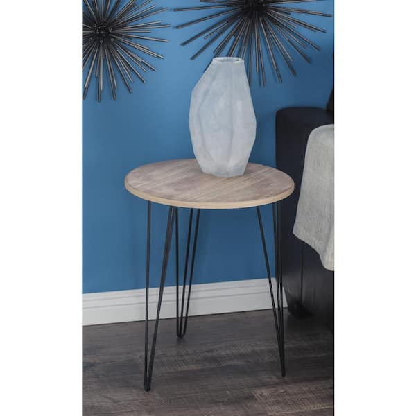 Litton Lane 18 in. Brown Large Round Wood End Accent Table with Black Metal Hairpin Legs