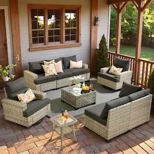 Kelleys 9-Piece Wicker Outdoor Patio Conversation Sofa Sectional Furniture Set with Swivel Chairs and Black Cushions