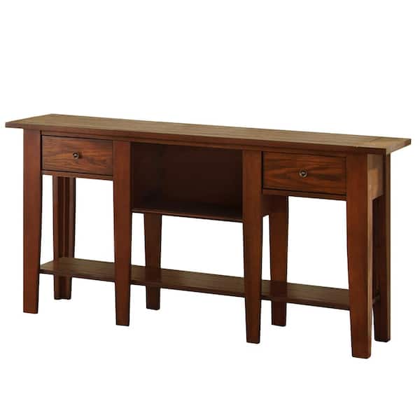 Unbranded Desoto 58 in. Red Oak Standard Rectangle Wood Console Table with Drawers