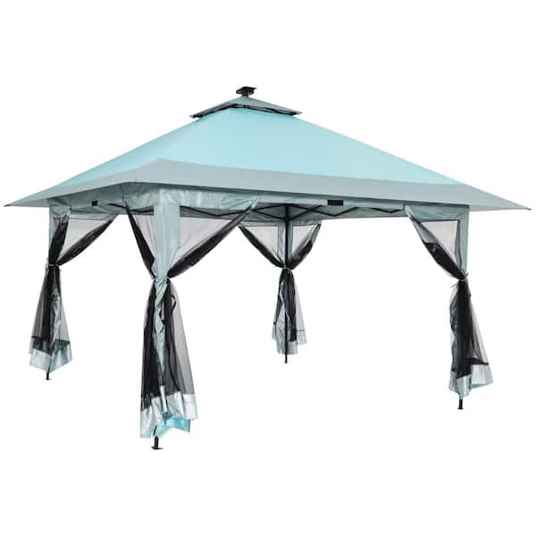 13 ft. x 13 ft. Light Blue Instant Pop Up Gazebo Canopy Tent Shelter with Solar LED Lights
