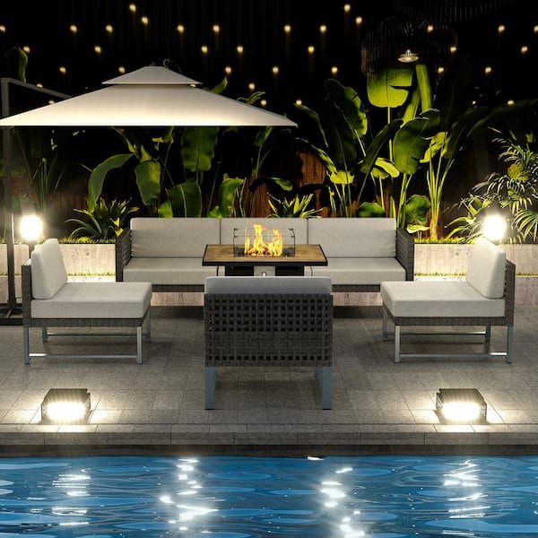 eVita 7-Piece Black Wicker Outdoor Patio Conversation Set in Light Gray Cushion with Propane Fire Pit Table