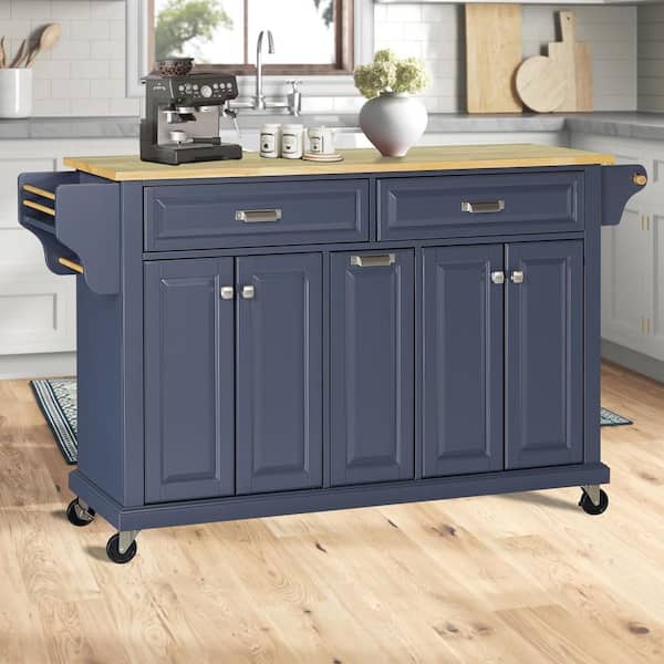 Unbranded Dark Blue Cambridge Natural Wood Top 60.5 in. W Kitchen Island with Storage 18 in. D x 60.5 in. W x 36 in. H