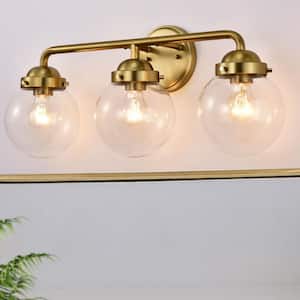 3 Light Antique Brass Vanity Light with Globe Clear Glass Shade