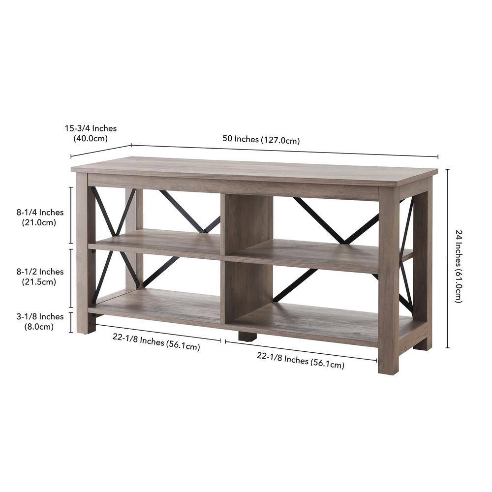 Sawyer Modern Farmhouse 50" Gray Oak TV Stand with Black Metal Accents