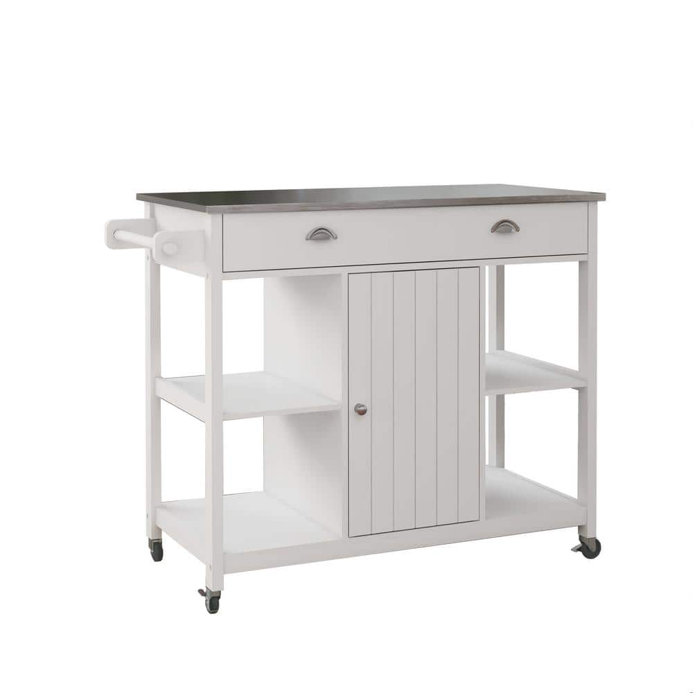 White Metal 43 in. Kitchen Island with Drop Leaf, MDF Kitchen Cart with Sta