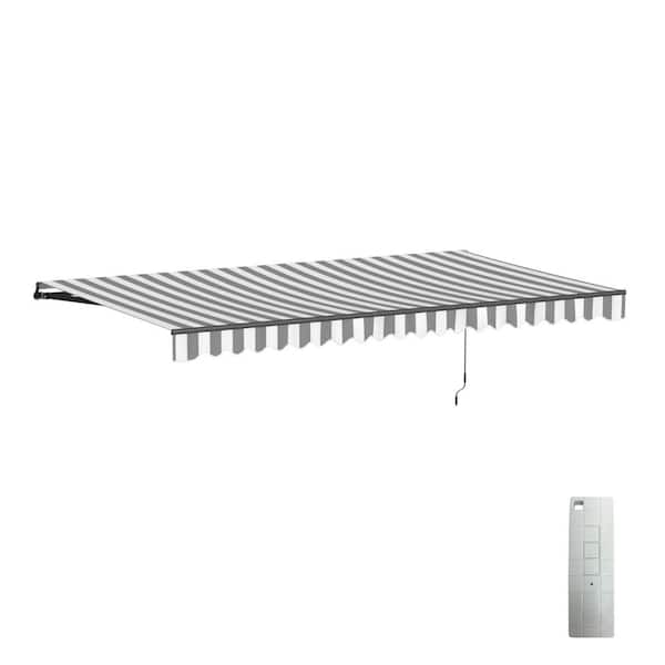 20 ft. Caribbean UV Polyester Motorized Retractable Patio Awning 10 ft. Projection in Gray and White Stripe Black Frame