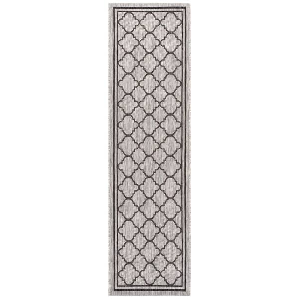 Courtyard 2 x 8 Light Gray/Black Quatrefoil Runner Rug