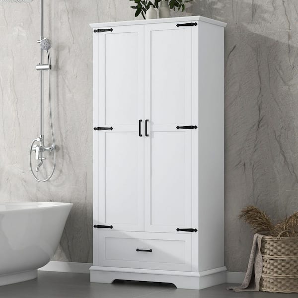 31 in. W x 16 in. D x 69 in. H White MDF Linen Cabinet w/2-Doors and 1-Drawer in White