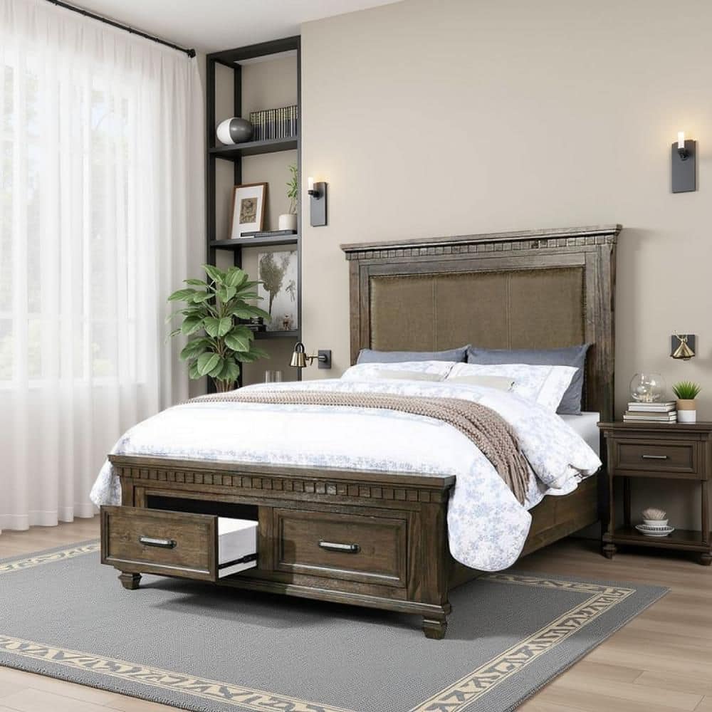 Benjara Ziv Brown Wood Frame Queen Size Panel Bed with Storage