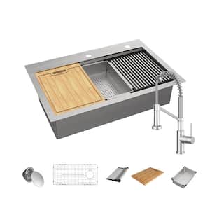 AIO 33 in. Drop-in/Undermount Single Bowl 18 Gauge Stainless Steel Workstation Kitchen Sink with Faucet/Cutting Board