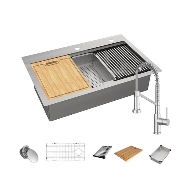 Glacier Bay 33 in. Drop-In Single Bowl 18 Gauge Stainless Steel Workstation Kitchen Sink with Pull-Down Faucet
