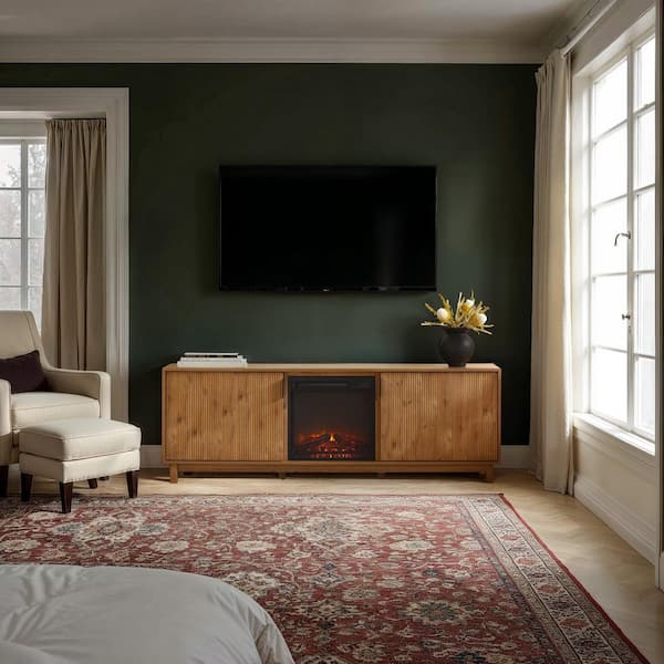 70 in. English Oak Modern TV Stand with Freestanding Electric Fireplace