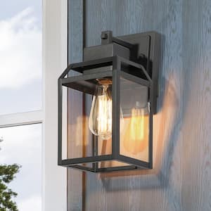 Modern Black Outdoor Wall Sconce 1-Light Cage Rustic Outdoor Garage/Porch Lighting with Clear Glass Panels