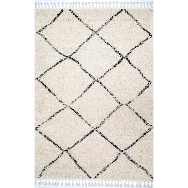 nuLOOM Jessie Moroccan Lattice Shag Off-White Doormat 3 ft. x 5 ft. Area Rug