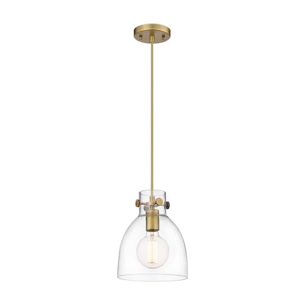Newton Bell 100-Watt 1 Light Brushed Brass Shaded Pendant Light with Clear glass Clear Glass Shade