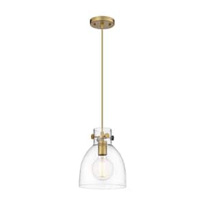 Newton Bell 100-Watt 1 Light Brushed Brass Shaded Pendant Light with Clear glass Clear Glass Shade