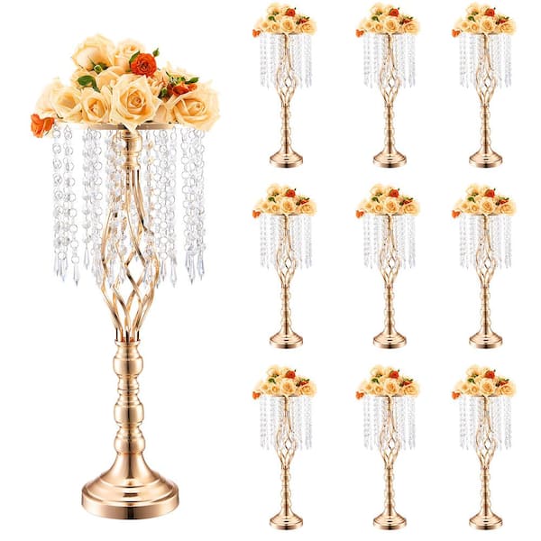 VEVOR 10 PCS 55 cm/21.65 in. Tall Crystal Wedding Flower Stand Metal Wedding Centerpiece Vase, Gold Flower Holders Steel Round