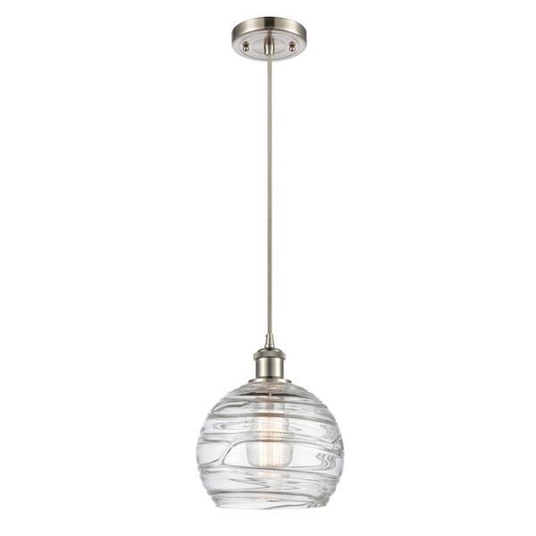 Athens Deco Swirl 1-Light Brushed Satin Nickel Globe Pendant Light with Clear Deco Swirl Glass Shade