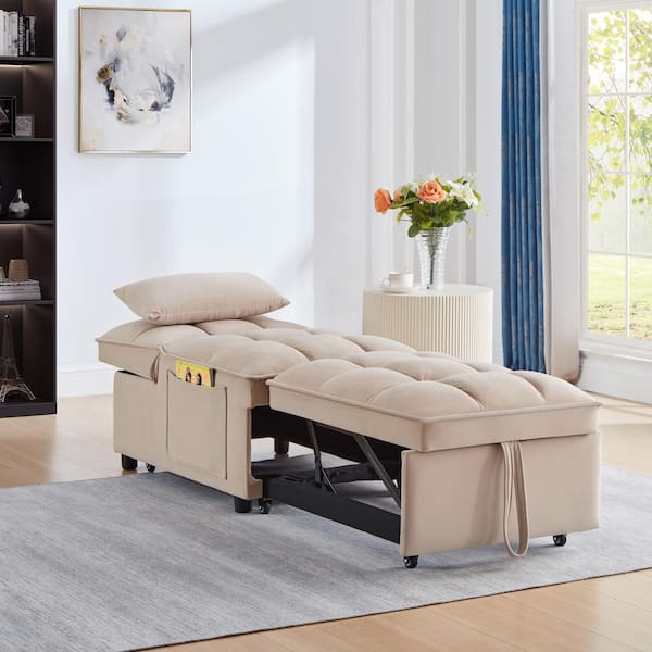 68.5 in. Taupe Velvet 4 in1 Twin Size Sofa Bed with Storage Pockets Pull-out Sofa Bed Adjustable Backrest Pillows