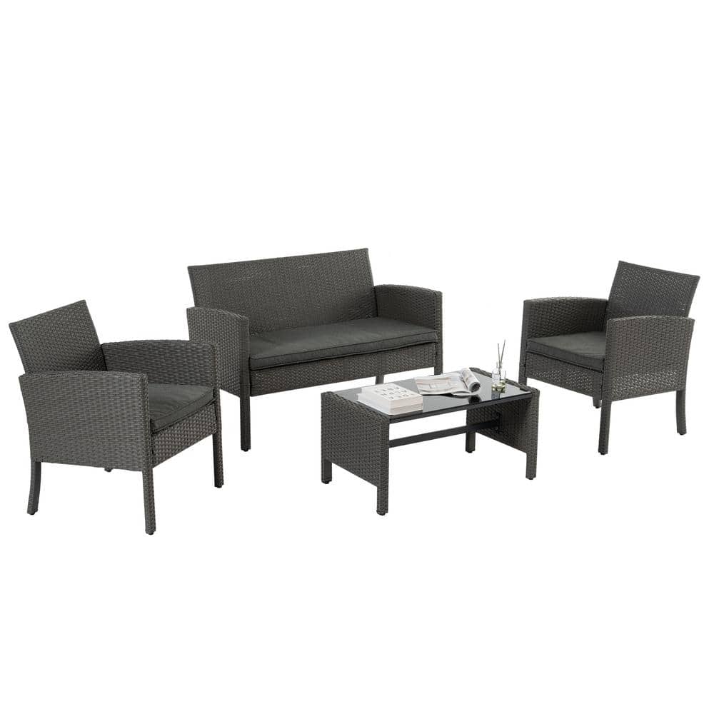 4-Piece Gray Outdoor Wicker Patio Conversation Set with Gray Cushions and Coffee Table for Porch, Backyard and Garden price history on PriceWatchPro
