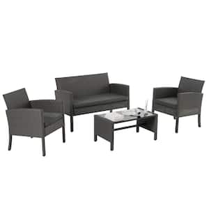 4-Piece Gray Outdoor Wicker Patio Conversation Set with Gray Cushions and Coffee Table for Porch, Backyard and Garden